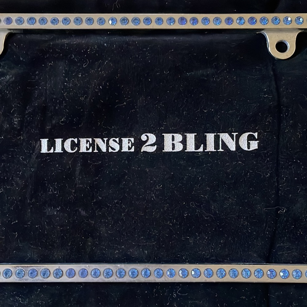 License 2 Bling Swarovski Blue Crystal License Plate Frame and Velvet Pouch